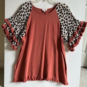 Umgee Brick/Rust Leopard Fringe Sleeve & Hem Top Tunic Women's Size S